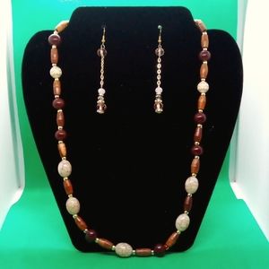 🆕 Brown/Cream/Gold beaded EARRINGS & NECKLACE SET @HANDMADE Original *SEE pics*